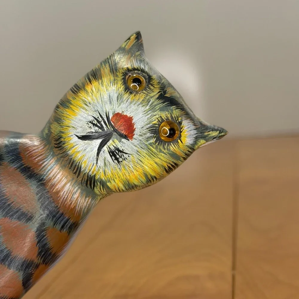 Hand Painted Wood Cat Figurine – Folk Art Tabby Sculpture w/ Amber Eyes 5